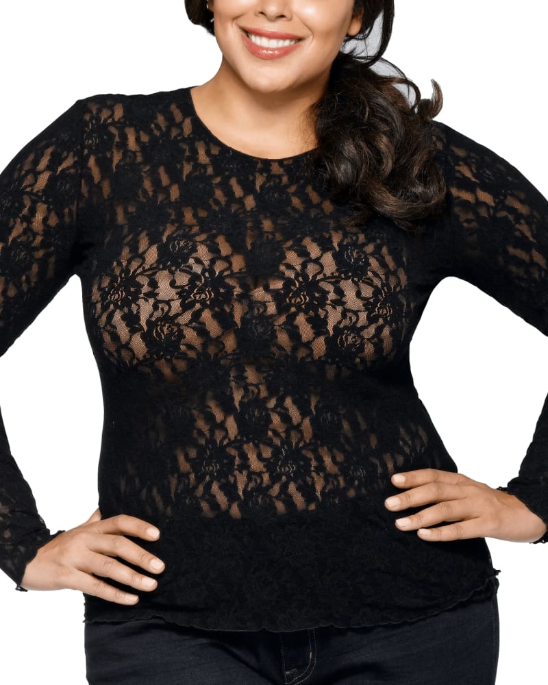Front of a model wearing a size 1X SIGNATURE LACE LONG SLEEVE TOP in BLAC-BLACK by Hanky Panky. | dia_product_style_image_id:272540